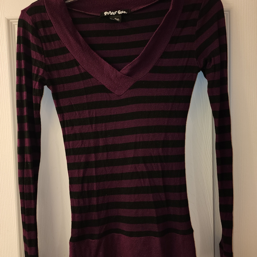 Planet Gold Purple and Black Striped V-Neck Sweater